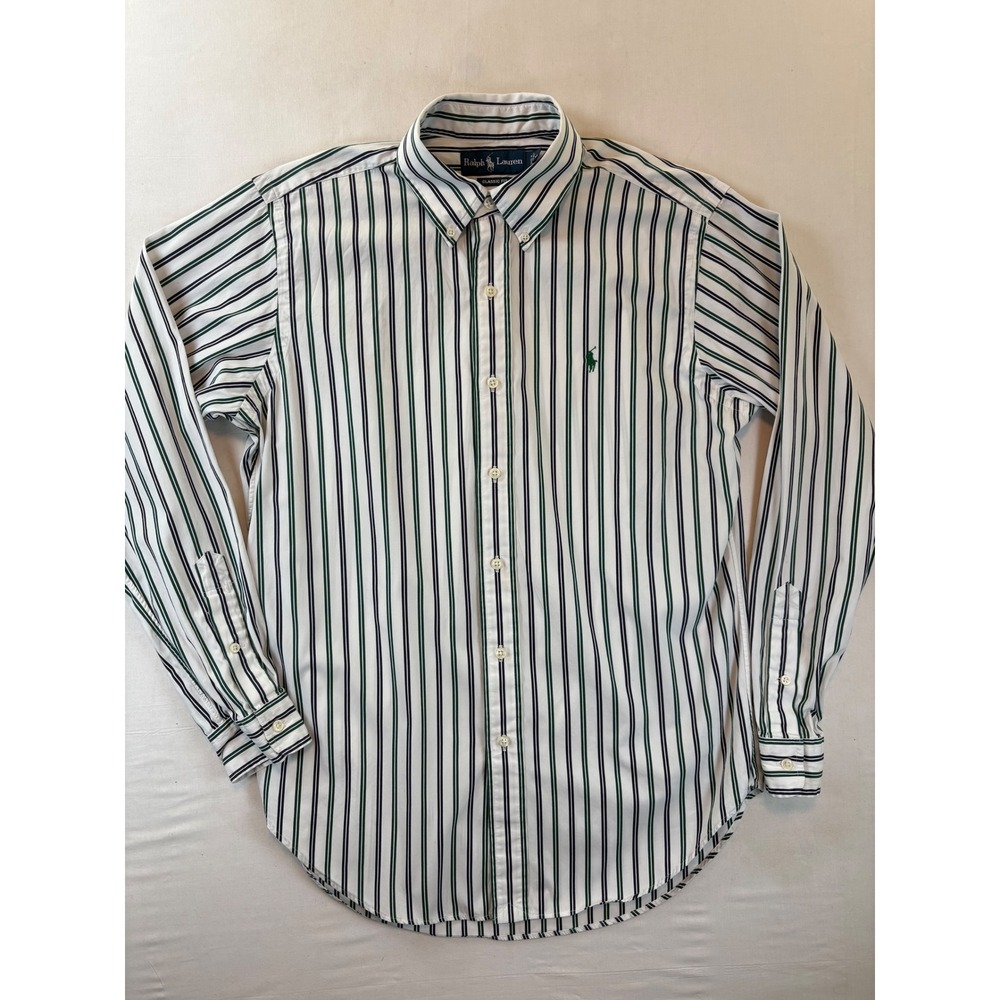 Polo Ralph Lauren Mens Medium Classic Fit Striped Button Down Shirt Green Navy